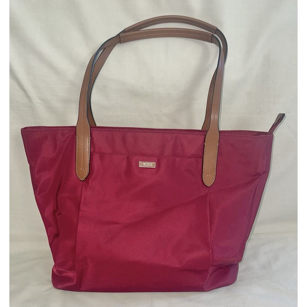 Tumi Red Nylon Tote Bag Travel Shoulder Purse Lightweight Zip Top